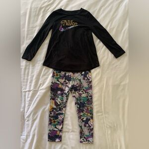 Nike 
Girls set size 3-4 y
Black shirt and purple flower theme pants